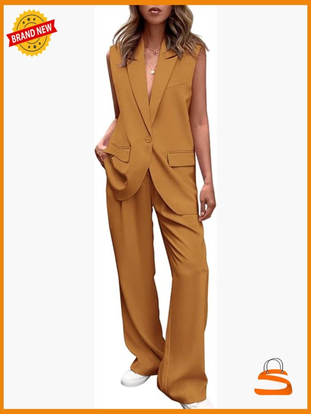 2 Piece Blazer Set Sleeveless Vest Wide Leg Pants Business Casual Suit